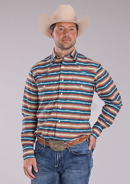 Roper Brown with Stripes Men's Mini Aztec Horizonal Stripm Men's Collared Longsleeve Snap Shirt 0300100670477BR